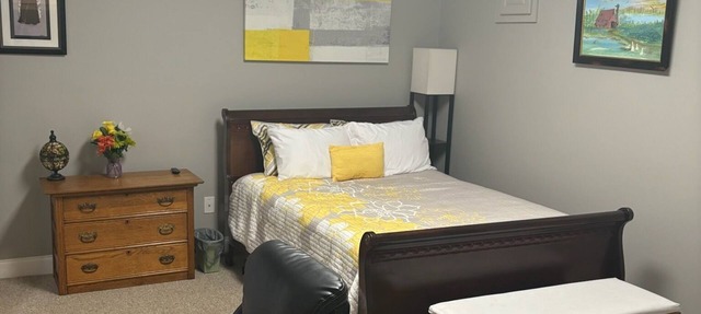 Full bed, closet, mounted tv. Entire apartment included at this fabulous rate.
