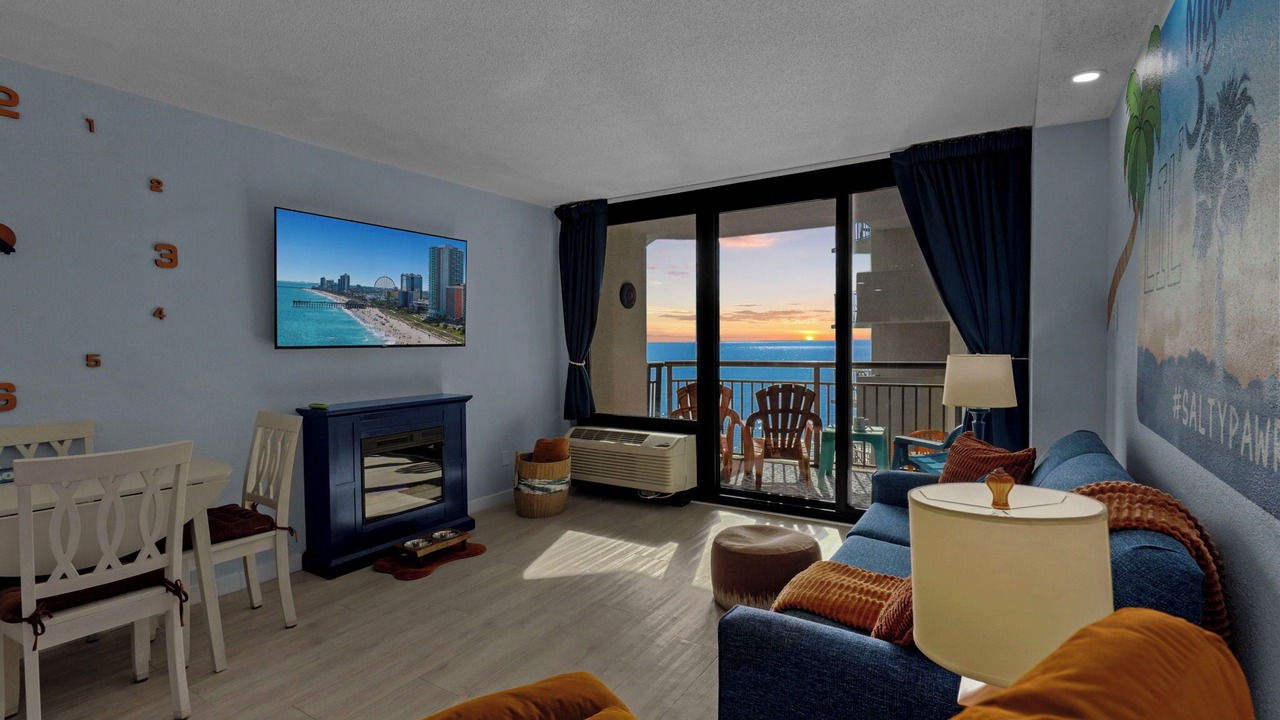 Oceanfront balcony. Dog-devoted stay. King bed + fireplace. Indoor pool, hot tubs & lazy river. Walkable to dining. VIP pup kit included. Sleeps 2–4. Ideal for couples or small families. Washer/Dryer in building. A Salty Paw Rentals Property